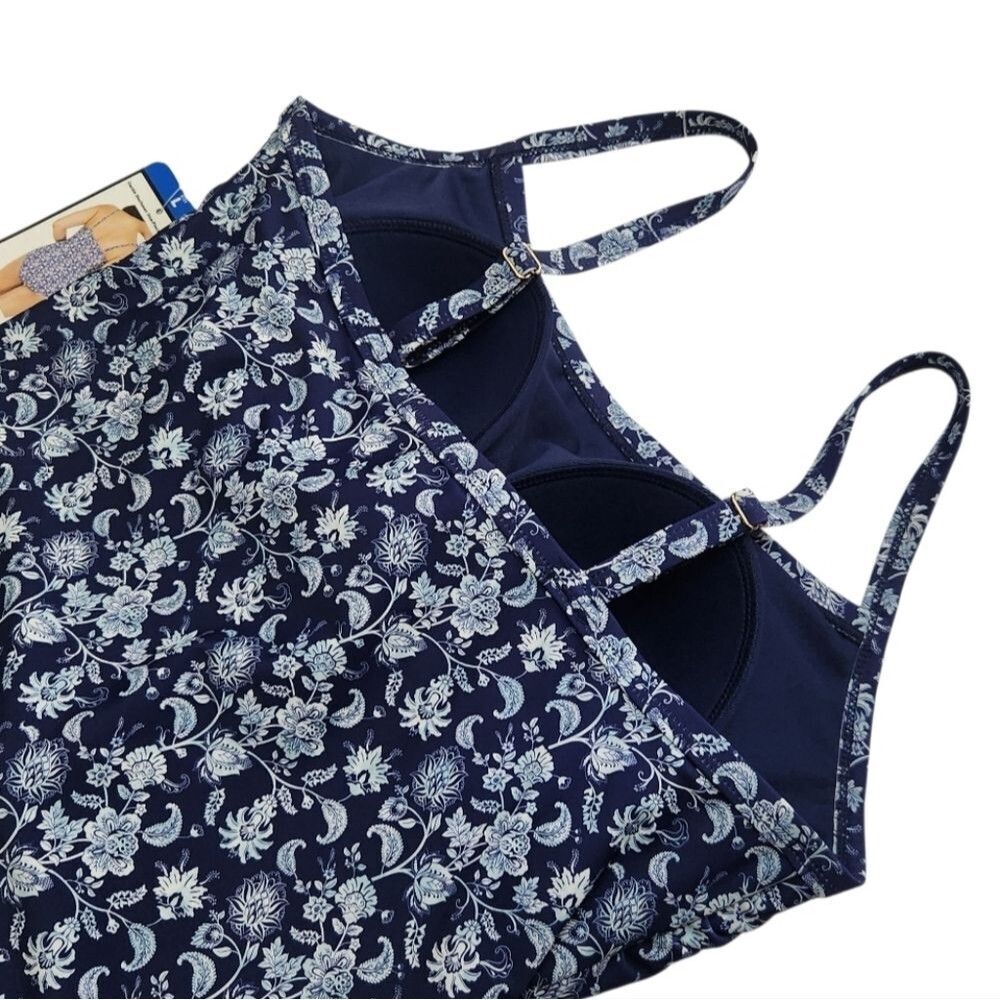 New! Carole Hochman Women Swimsuit Tie Waist Paisley Lined Blue White Large - Picture 6 of 13